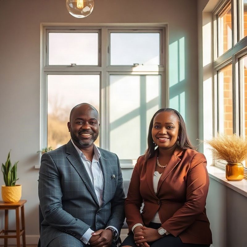 Two real estate agents in a light-filled Eldoret office with azure accents
