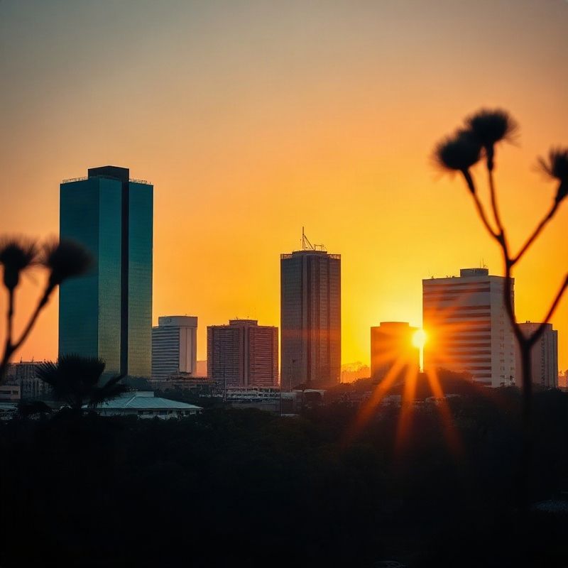 Eldoret city skyline at dusk with acacia silhouettes in the foreground
