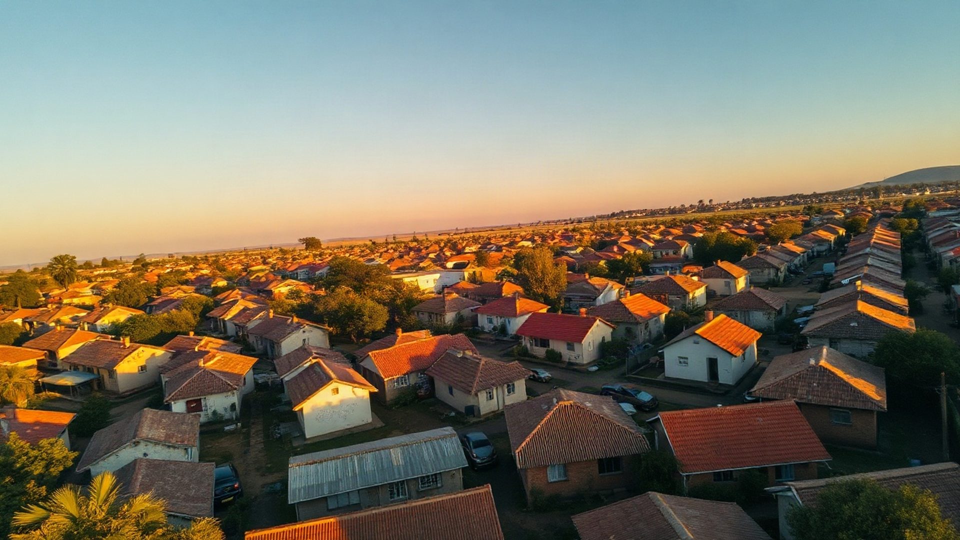 Aerial view of an Eldoret residential neighbourhood at golden morning light
